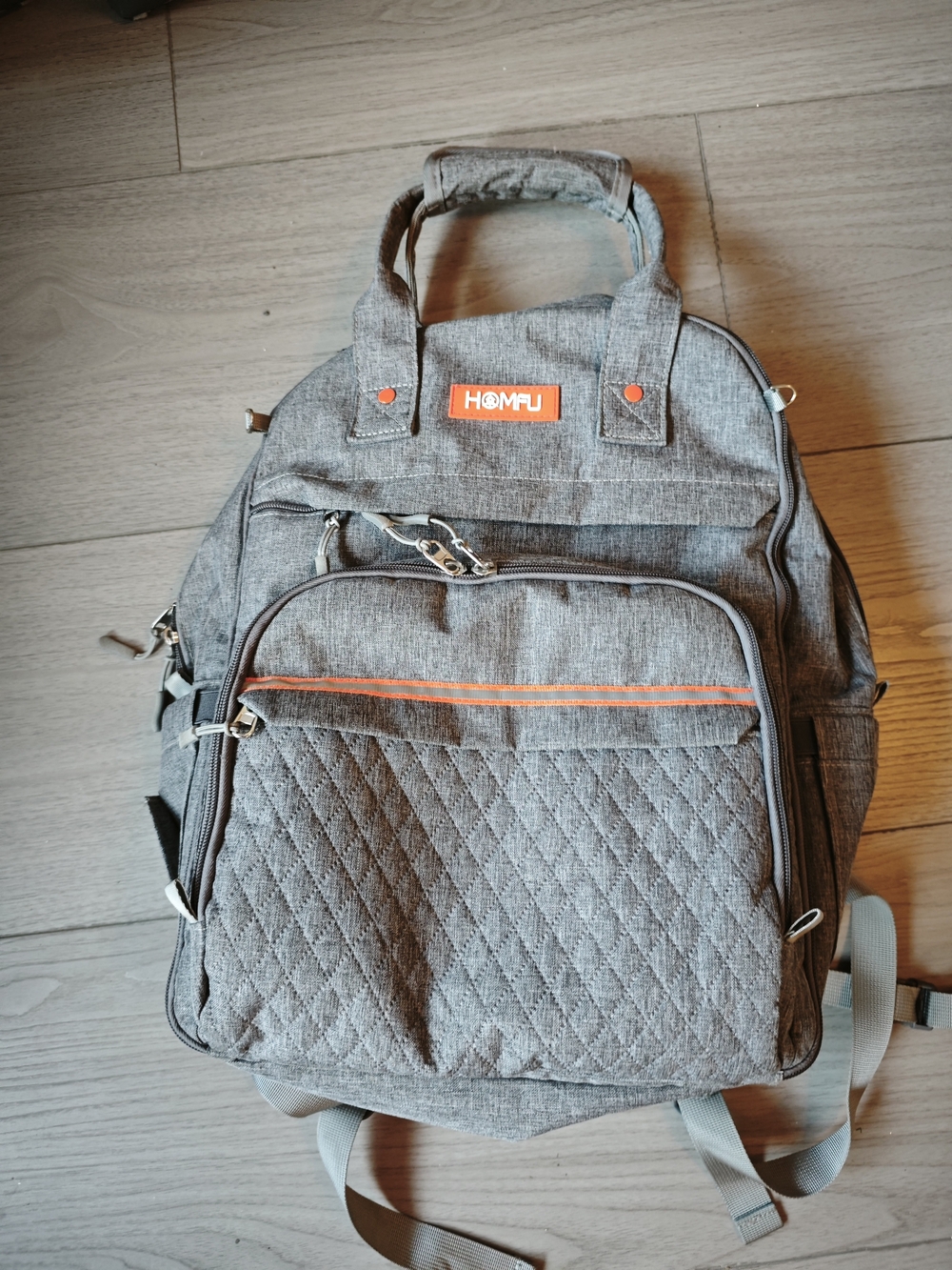 Gray Quilted Men's Backpack - Gray with Orange Accent